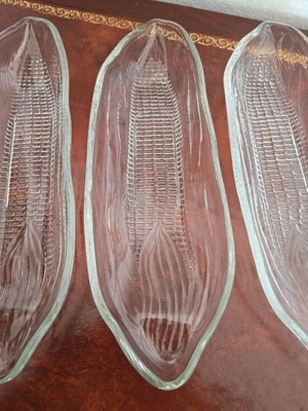 Vintage CORN ON THE COB Holders Clear Pressed Heavy GLASS DISHES Plates - 4